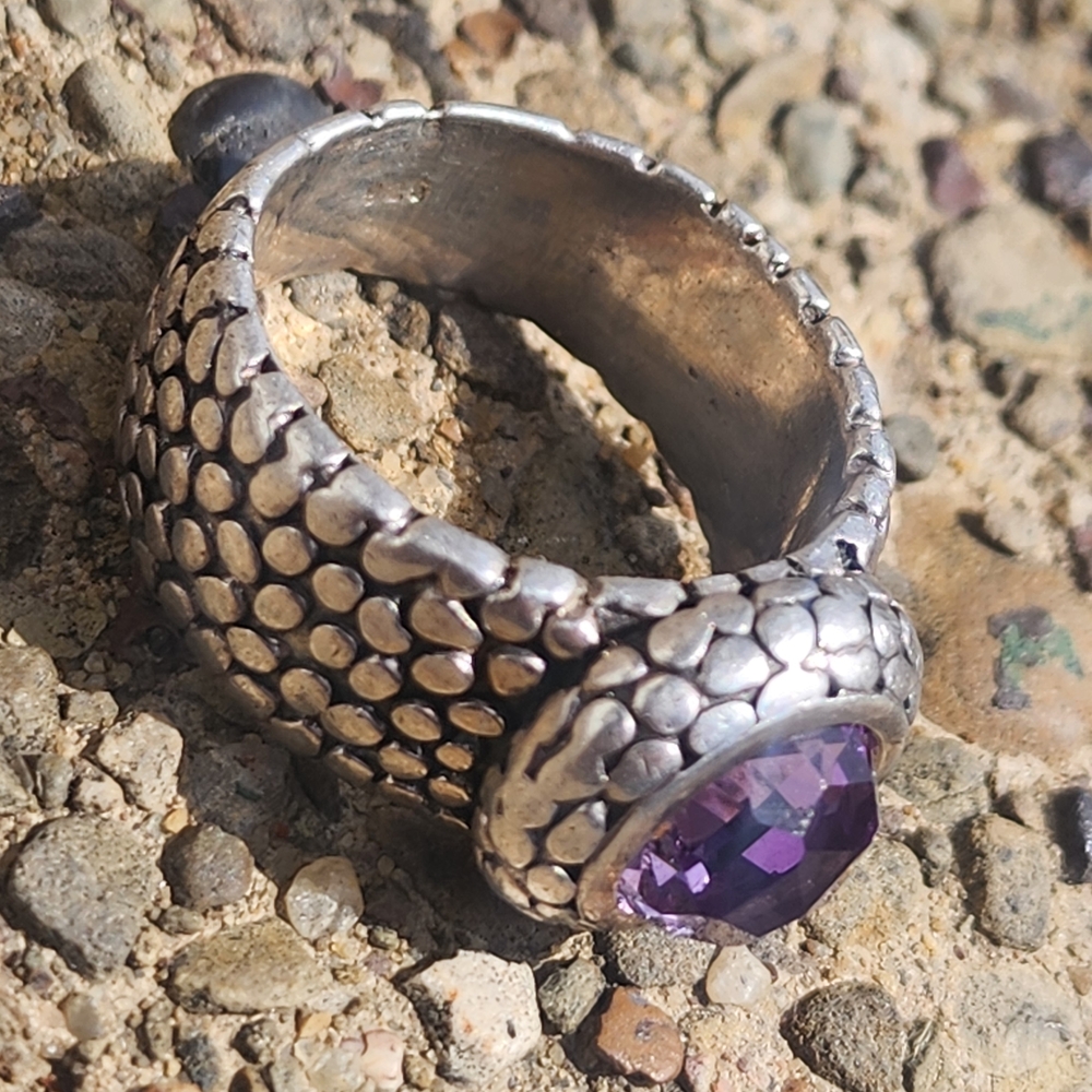 Sterling Silver Heavy Chunky Women's Ring Sz 11 Purple Gemstone Men's Snake Skin - Picture 3 of 11